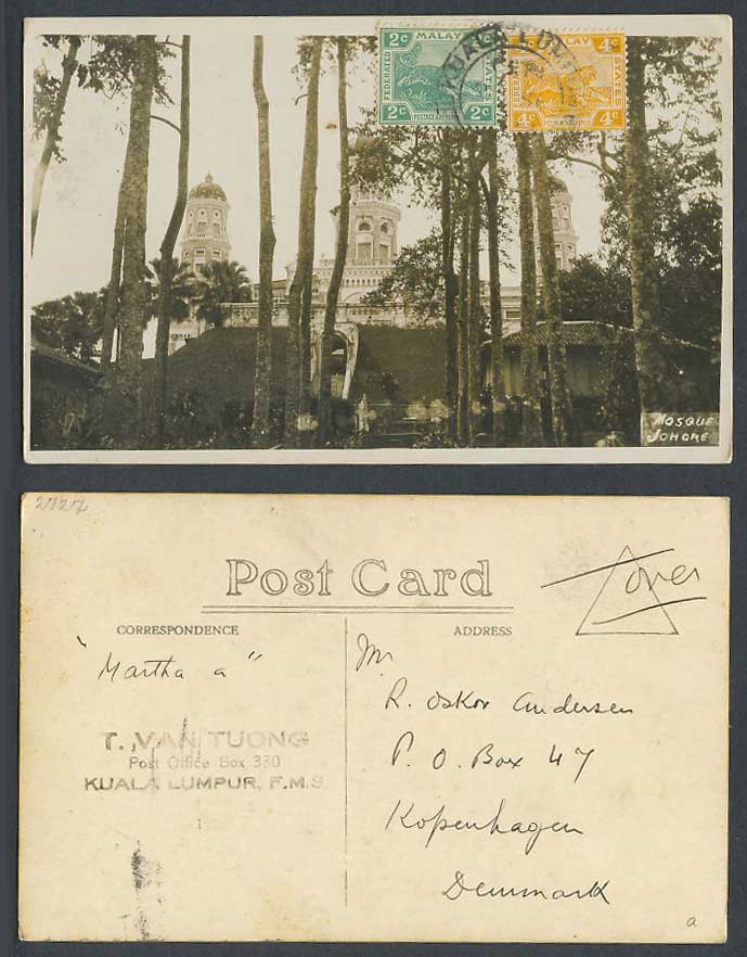 Johore Mosque F.M.S. Tiger 2c 4c Kuala Lumpur 1920 Old Real Photo Postcard Johor