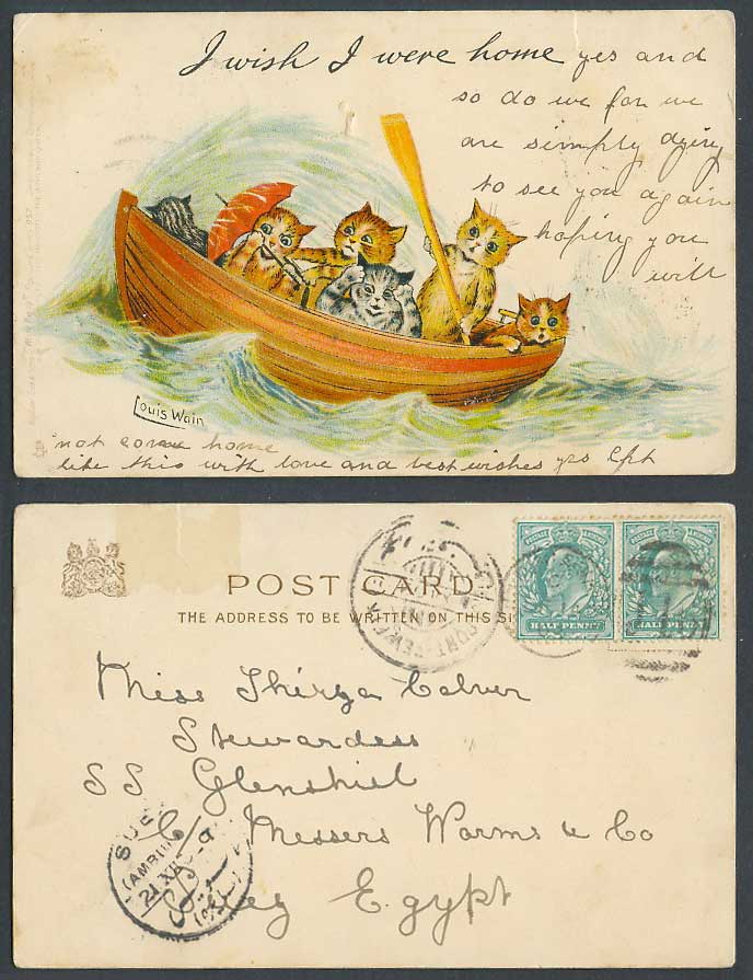 LOUIS WAIN Artist Signed Cats Wish I Were Home Write Away 1903 Old Postcard Suez