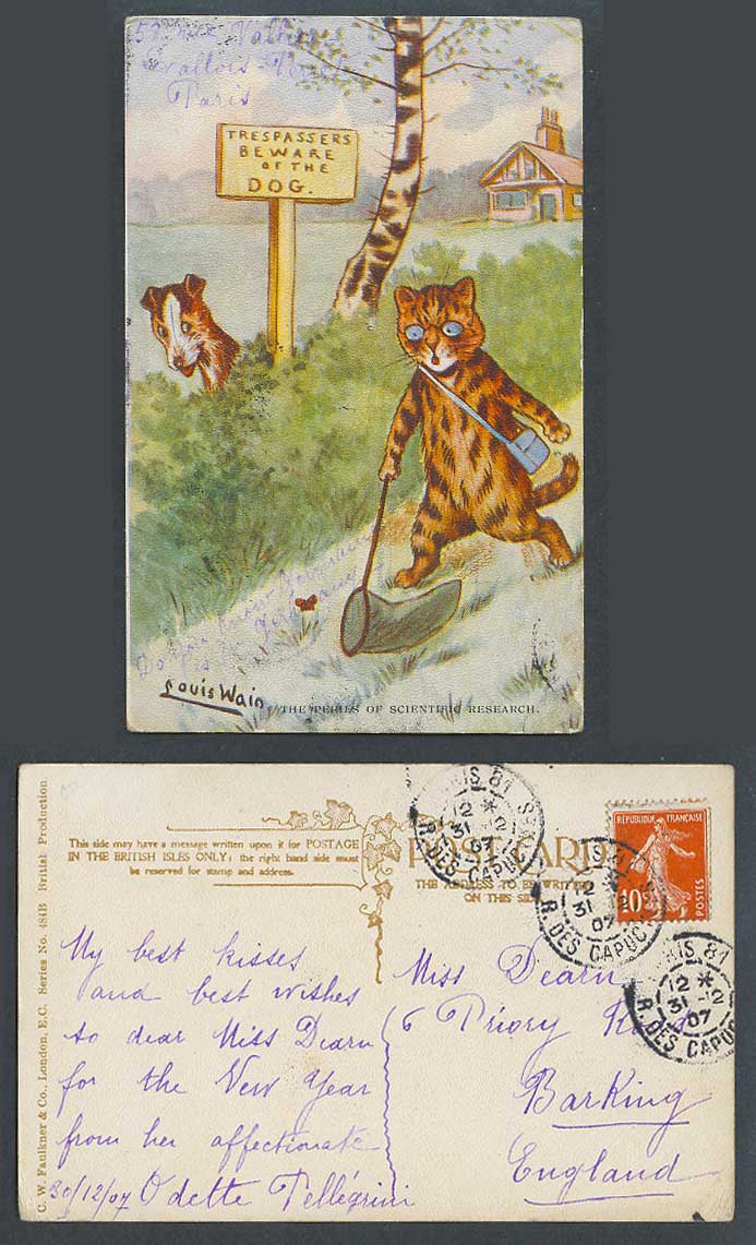 LOUIS WAIN Artist Signed Cat Dog Perils of Scientific Research 1907 Old Postcard