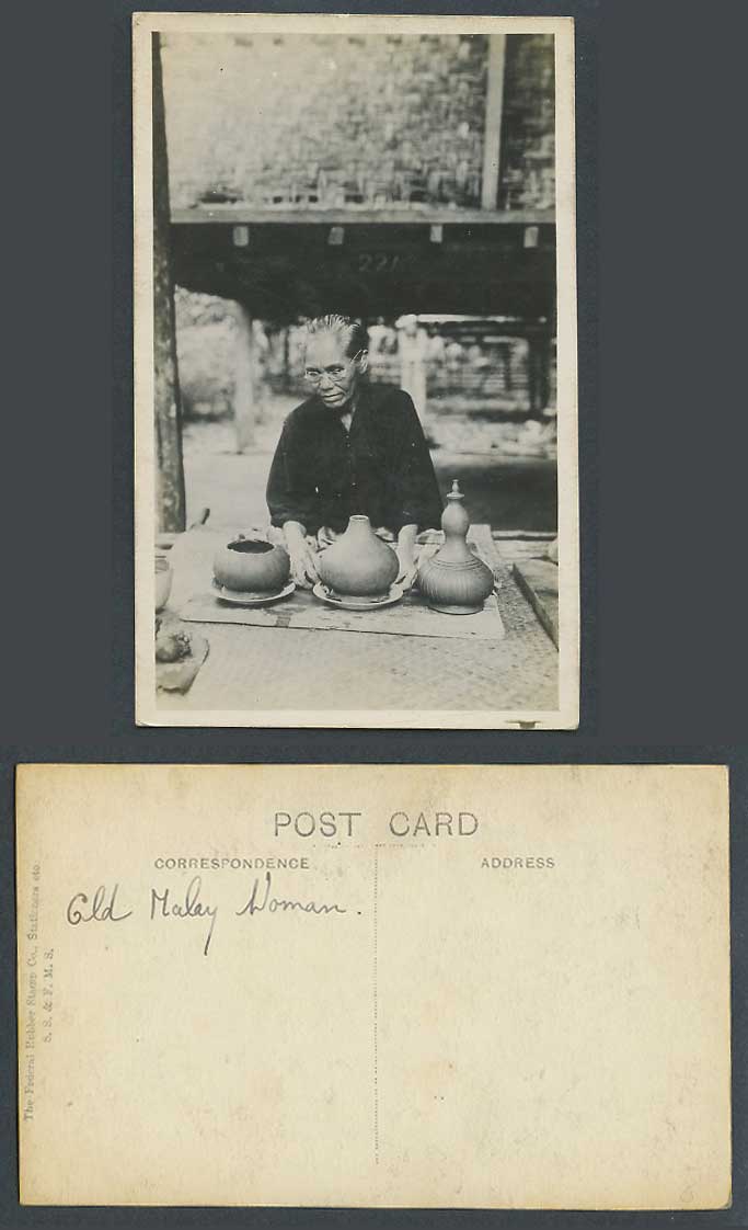 Malaya Old Malay Woman, Roadside Seller, House on Stilts Old Real Photo Postcard
