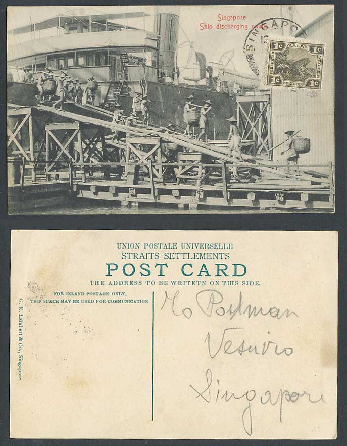 Singapore FMS 1c Old Postcard Steam Ship Discharging Coals Native Worker Coolies