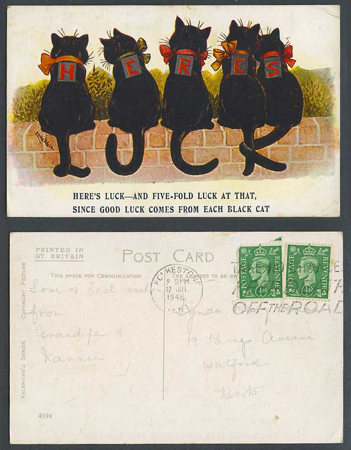 Louis Wain Artist Signed, Black Cats Kittens, Here's Good Luck 1946 Old Postcard