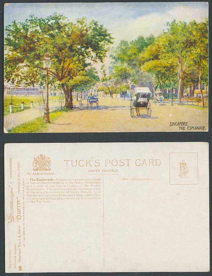 Singapore Old Tuck's Oilette Postcard The Esplanade Street Scene Rickshaw Coolie