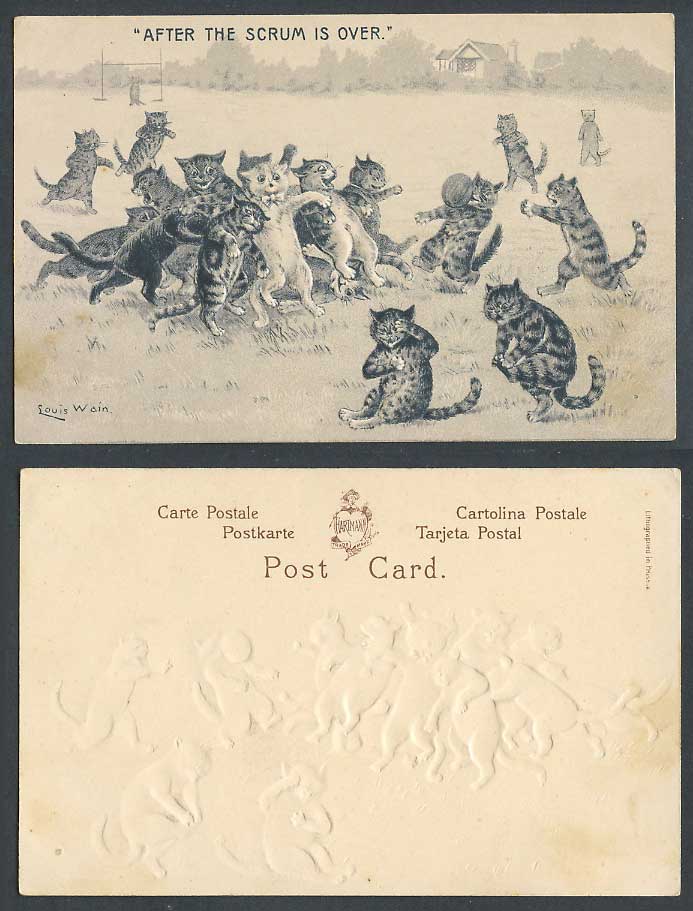 Louis Wain Artist Signed Cat Rugby Football After The Scrum is Over Old Postcard