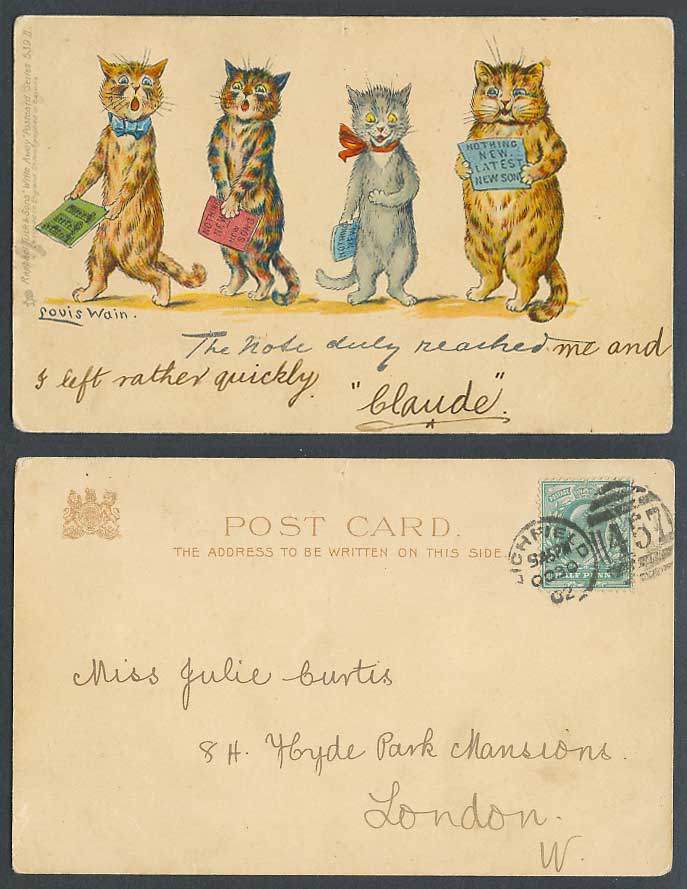 Louis Wain Signed Cats The Note Duly Reached Tuck's Write Away 1902 Old Postcard