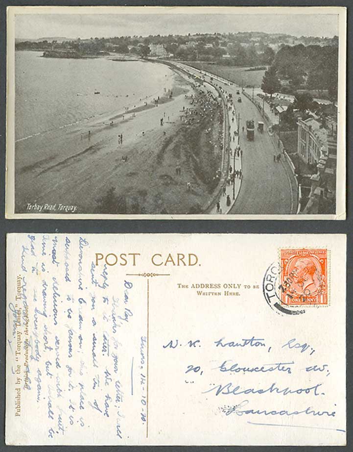 Torquay Torbay Road Street Scene, TRAM Tramway, Beach Panorama 1920 Old Postcard