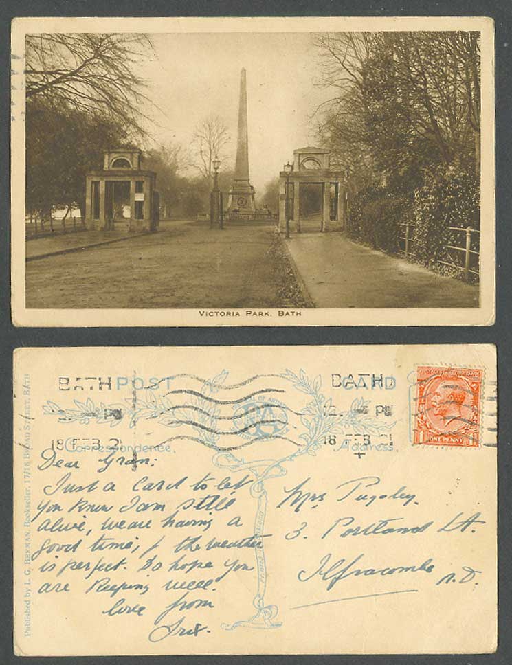 Bath, Victoria Park, Gates, Obelisk Memorial Monument Somerset 1921 Old Postcard