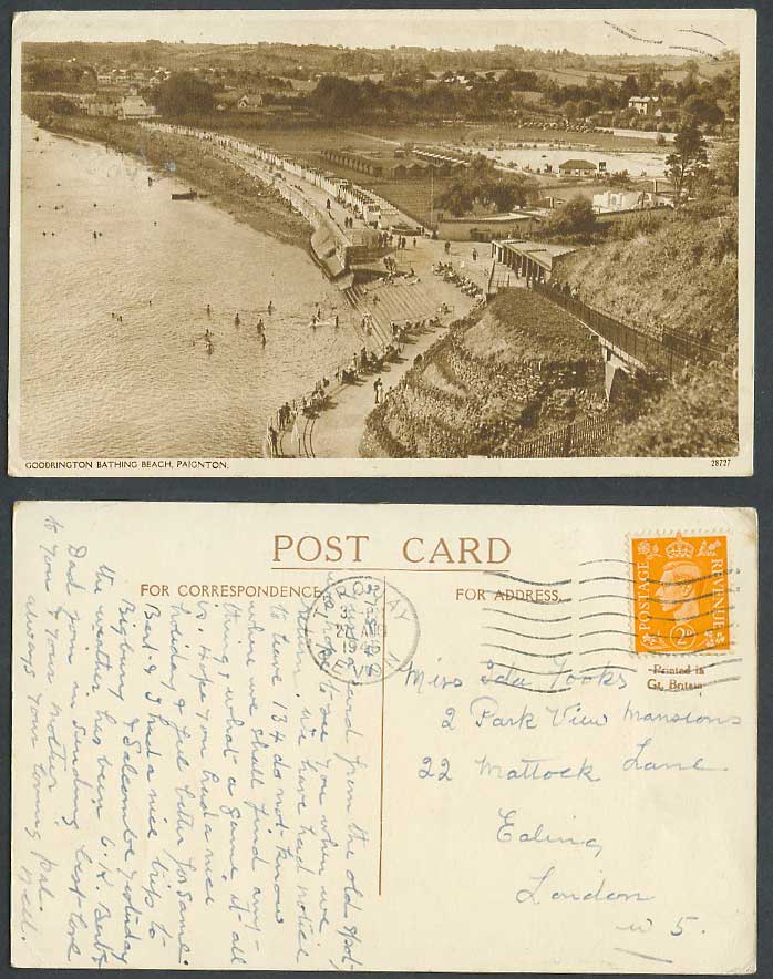Goodrington Bathing Beach, Paignton 2d 1946 Old Postcard Seaside Panorama. Devon