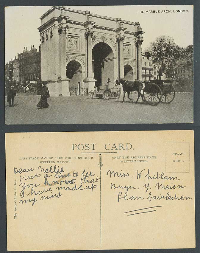 London Old Postcard Marble Arch Street Scene, Horse Cart Vintage Motor Car, Gate