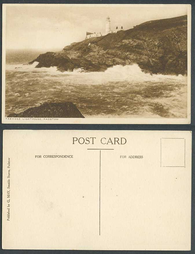 Padstow, Trevose Lighthouse, Rocks Cliffs Rough Sea Cornwall Old Postcard G. May