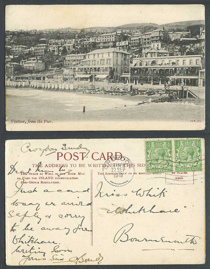 Isle of Wight 1919 Old Postcard Ventnor from Pier, Beach, Boats Bathing Machines