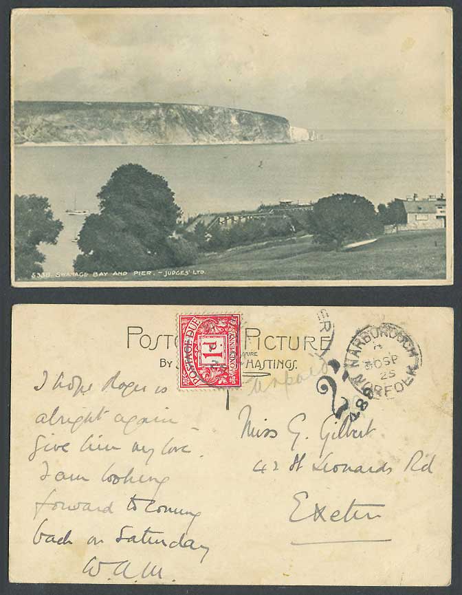 Swanage Bay and Pier Postage Due 1d and 2d 1925 Old Postcard Cliffs Rocks Dorset