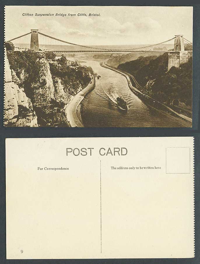 Bristol Clifton Suspension Bridge from Cliffs River Scene Boat Ship Old Postcard