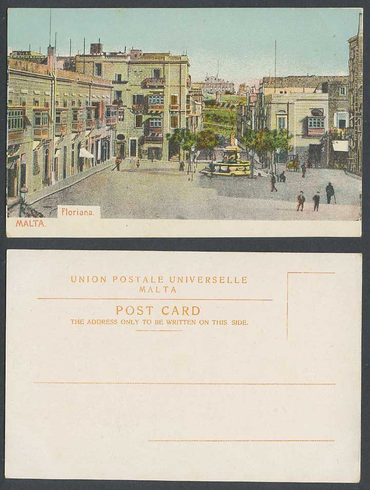 Malta Old Colour UB Postcard Floriana Fountain Street Scene Bldgs Undivided Back