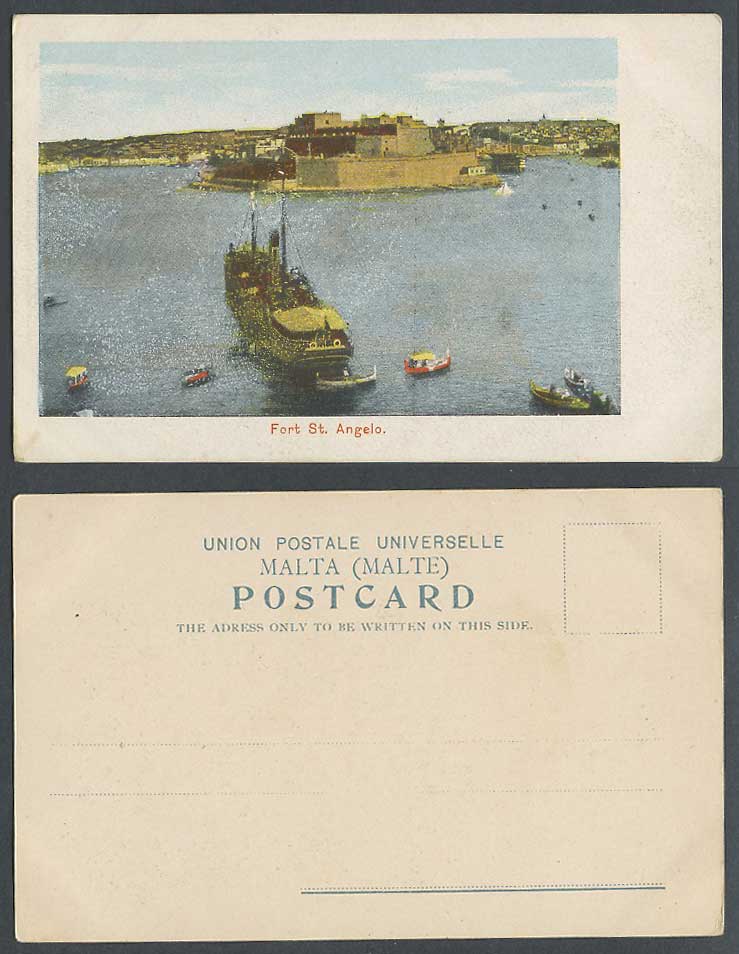 Malta Old Colour UB Postcard Fort St. Sant Angelo Fortress Steamer DGHAISA Boats
