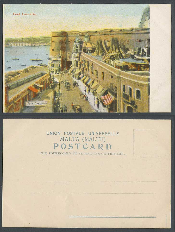 Malta Old Colour U.B. Postcard Fort Lascaris Fortress Street Scene Carts Harbour