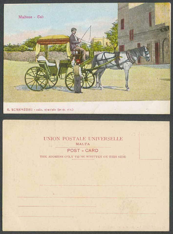 Malta Old Colour UB Postcard Maltese Cab, Carrozzin Horse Carriage Cart & Driver