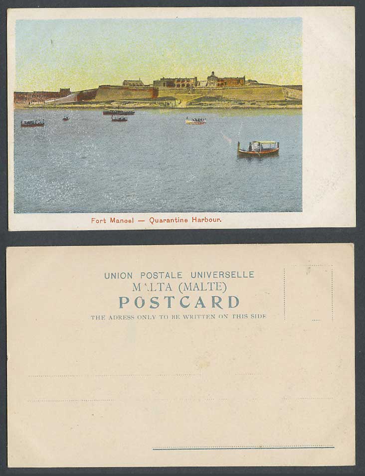 Malta Old Colour Postcard Fort Manoel Fortress Quarantine Harbour, DGHAISA Boats