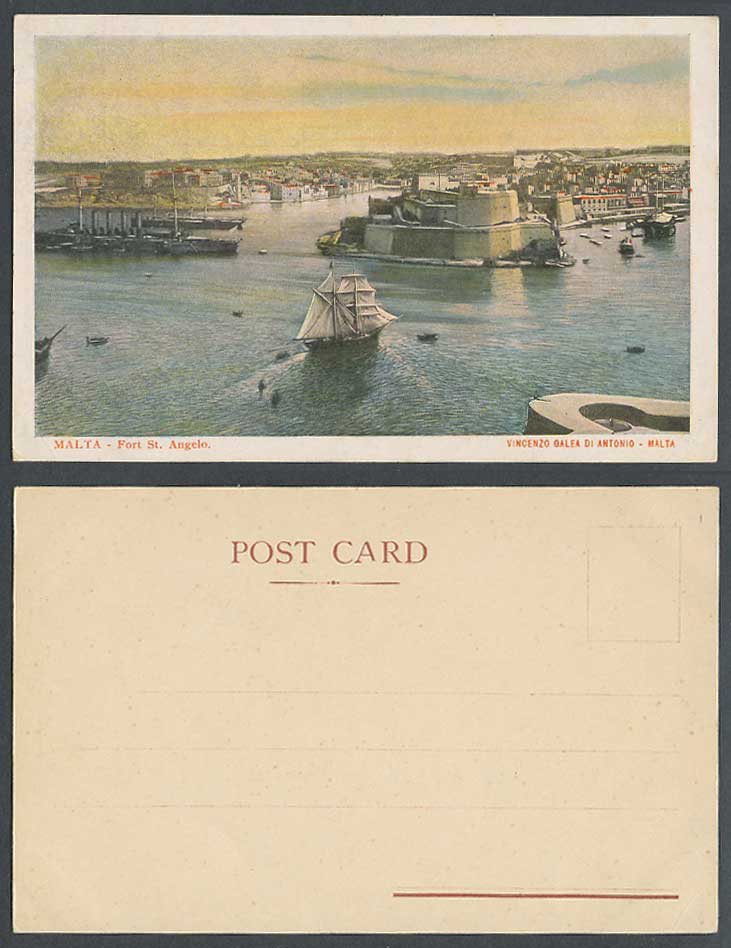 Malta Old Colour UB Postcard Fort St. Angelo Fortress Schooner Warships Panorama
