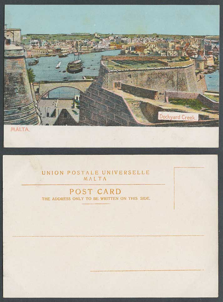 Malta Old Colour UB Postcard Dockyard Creek, Harbour Boats Ships Bridge Panorama