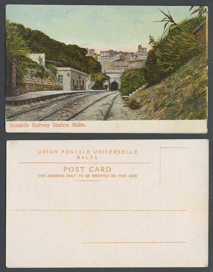Malta Old Colour UB Postcard Notabile Railway Station Train Tunnel Railroad Hill