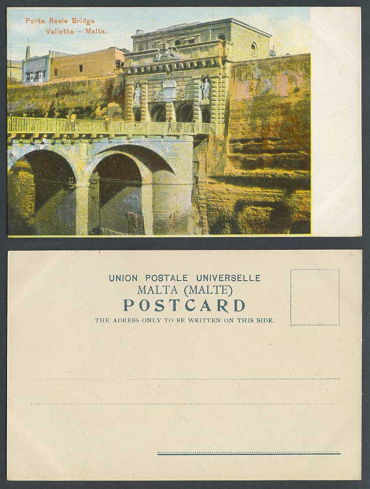 Malta Old UB Postcard Porta Reale Bridge Valletta City Gate Coat of Arms Statues
