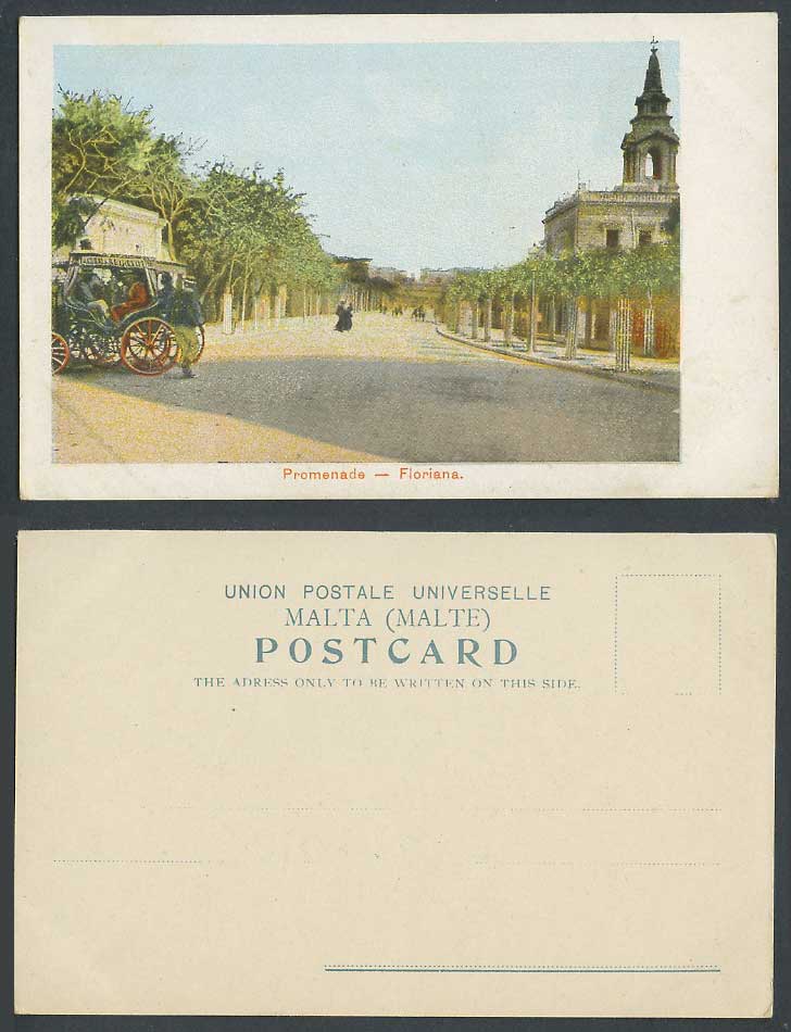 Malta Old U.B. Postcard Promenade Floriana, Maltese Cart Carriage & Street Scene