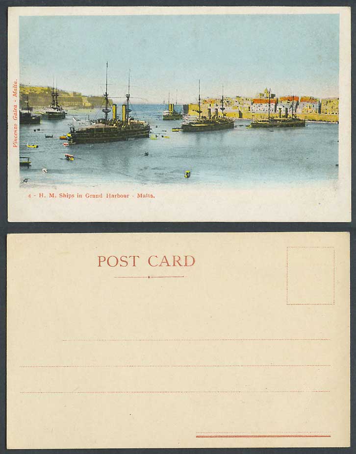 Malta Old Colour UB Postcard H.M. Ships in Grand Harbour Warships Battleships 4.