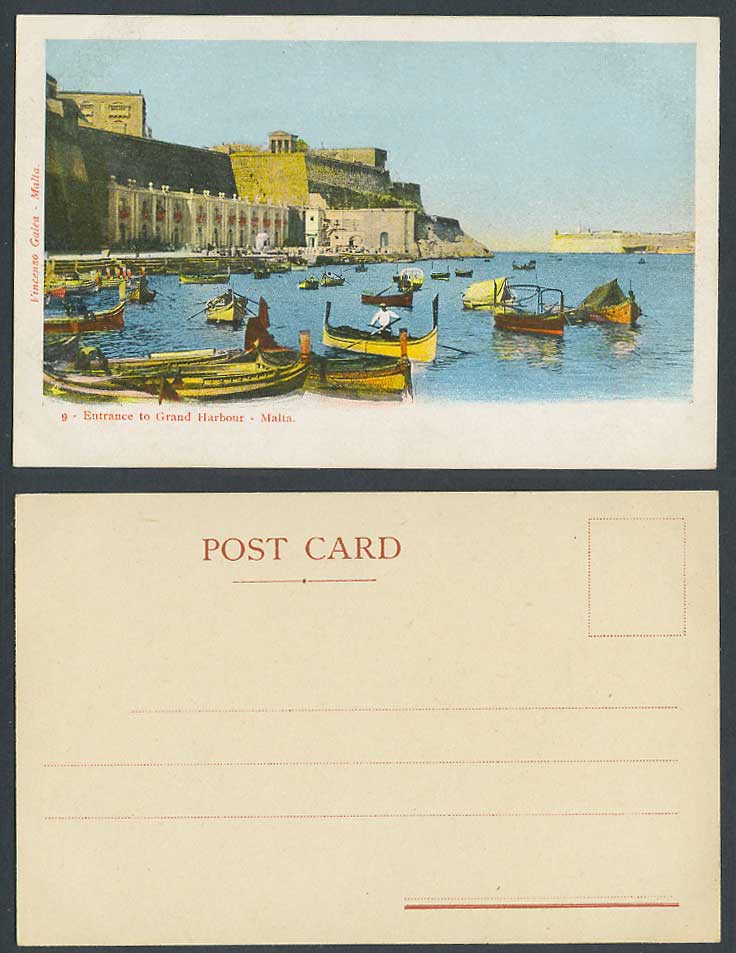 Malta Old Colour UB Postcard Entrance to Grand Harbour DGHAISA Native Boats No.9