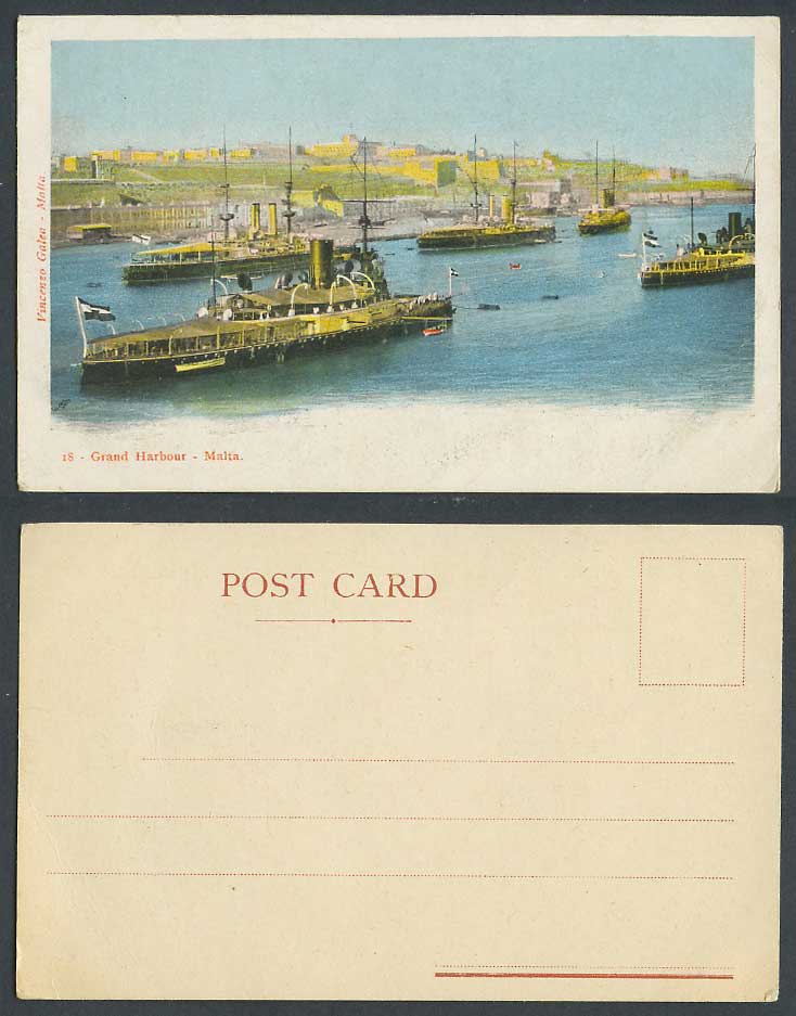 Malta Old Colour UB Postcard Grand Harbour Steamers Steam Ships Warships Flag 18