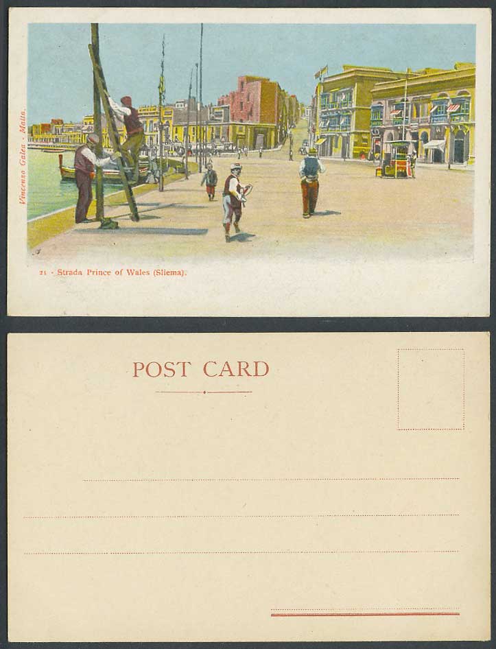 Malta Old Colour U.B. Postcard Sliema Strada Prince of Wales Street Scene Ladder