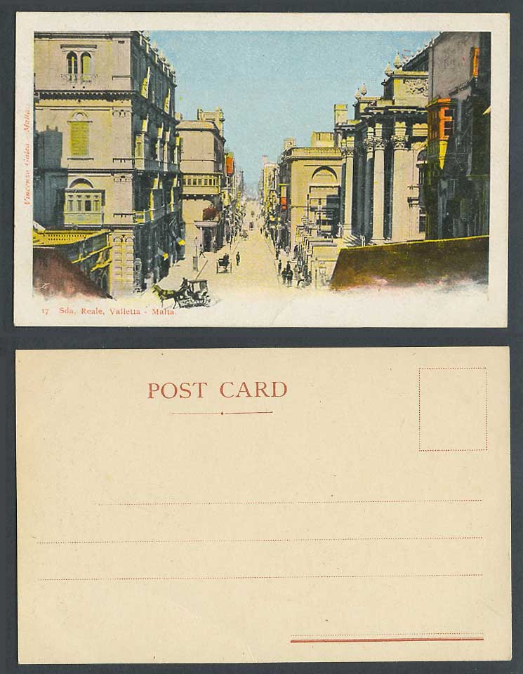 Malta Old Colour UB Postcard Strada Sda. Reale Valletta Main Street Scene, Horse