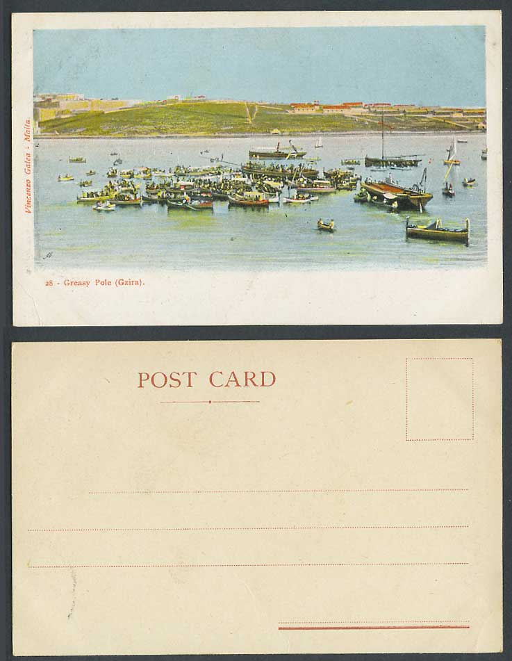 Malta Old U.B. Postcard Greasy Pole, Gzira, DGHAISA Native Fishing Boats Harbour