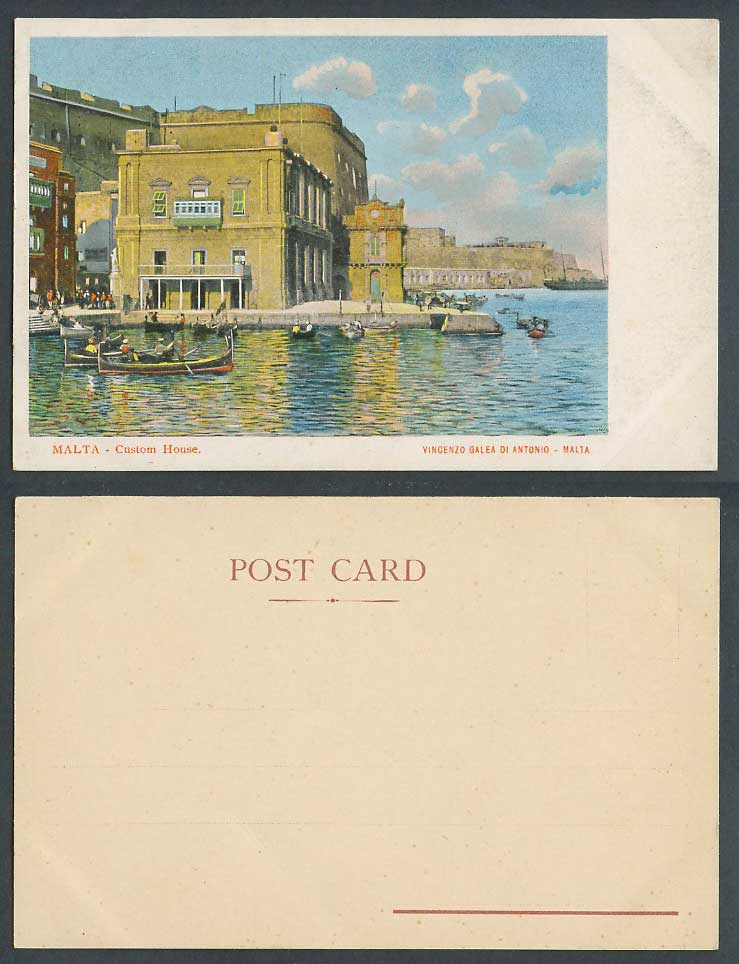Malta Old Colour UB Postcard Custom House, Harbour, DGHAISA Native Fishing Boats