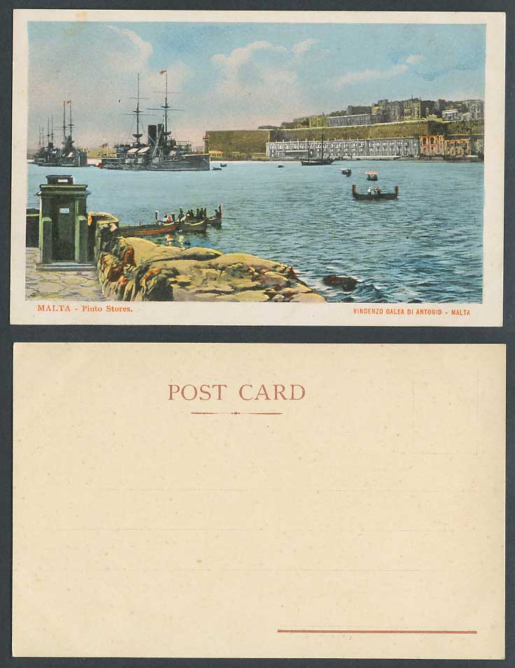 Malta Old Colour UB Postcard Pinto Stores Wharf, DGHAISA Maltese Boats Warships