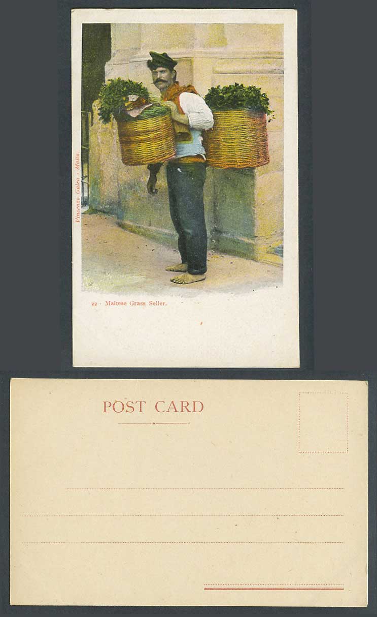 Malta Old Colour UB Postcard Maltese Grass Seller Vendor Native Merchant Baskets