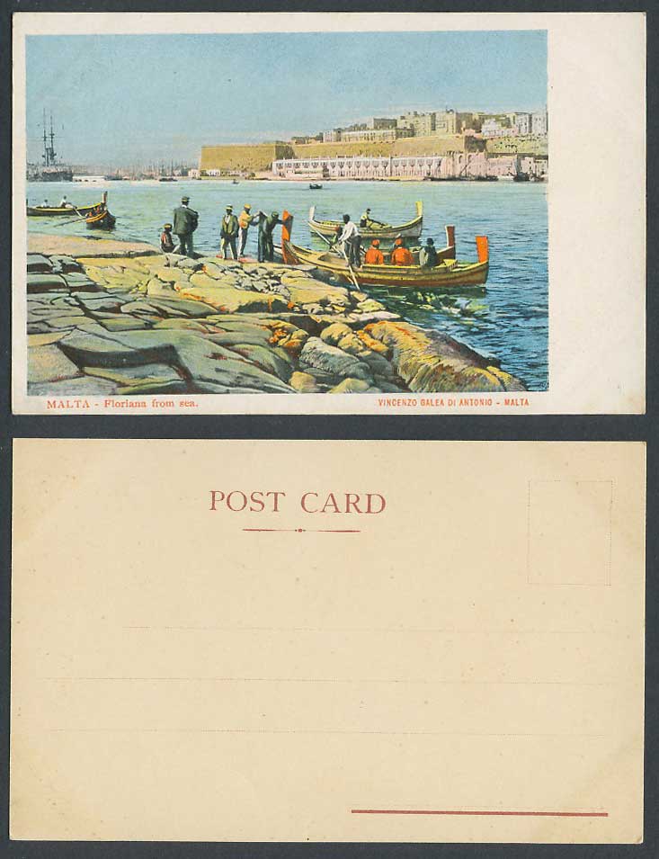 Malta Old Colour UB Postcard Floriana from The Sea DGHAISA Maltese Boats Warship