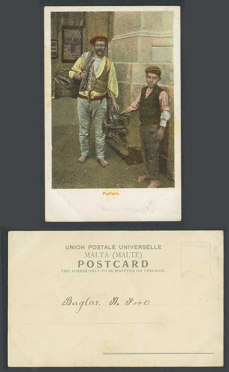Malta Old UB Postcard Maltese Pedlars Man & Boy, Street Vendor Seller Shoes Horn