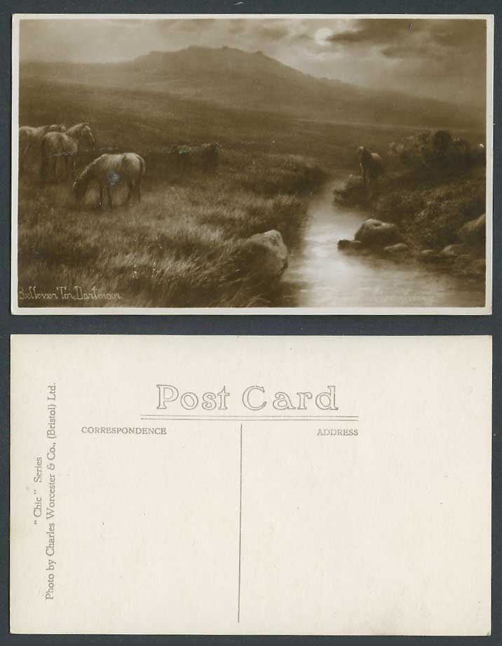 Elmer Keene Artist Signed Bellever Tor Dartmoor Devon Old Postcard Horses River