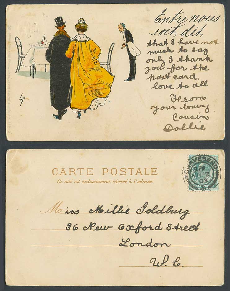 Restaurant Waiter Between Ourselves Artist Signed French 1903 Old Tucks Postcard