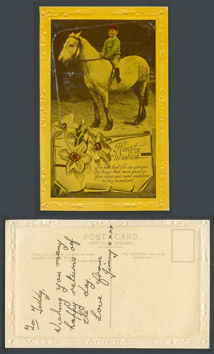 Little Boy Horse Rider Pony Children Flowers Hearty Wishes Greeting Old Postcard