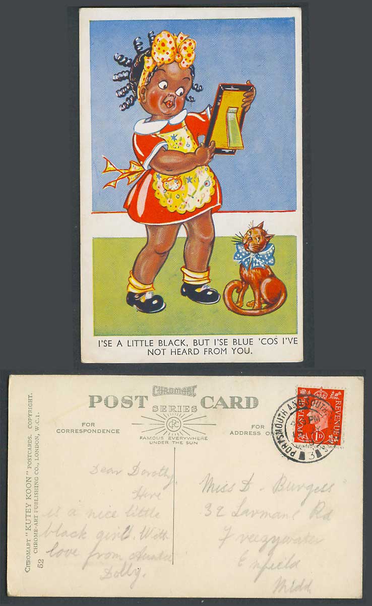 Black Girl Maid Cat Kitten I'se blue cos I've not heard from U 1938 Old Postcard