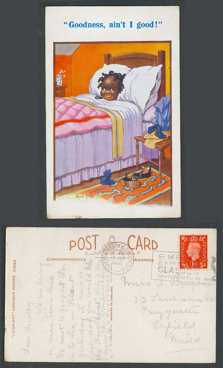 Donald McGill 1938 Old Postcard Little Black Girl on Bed Goodness, ain't I good!