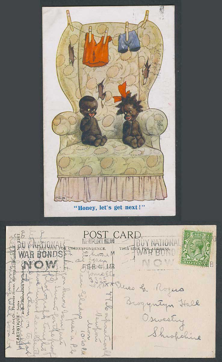 FG Lewin 1918 Old Postcard Black Boy and Girl Romance Honey Let's Get Next Couch