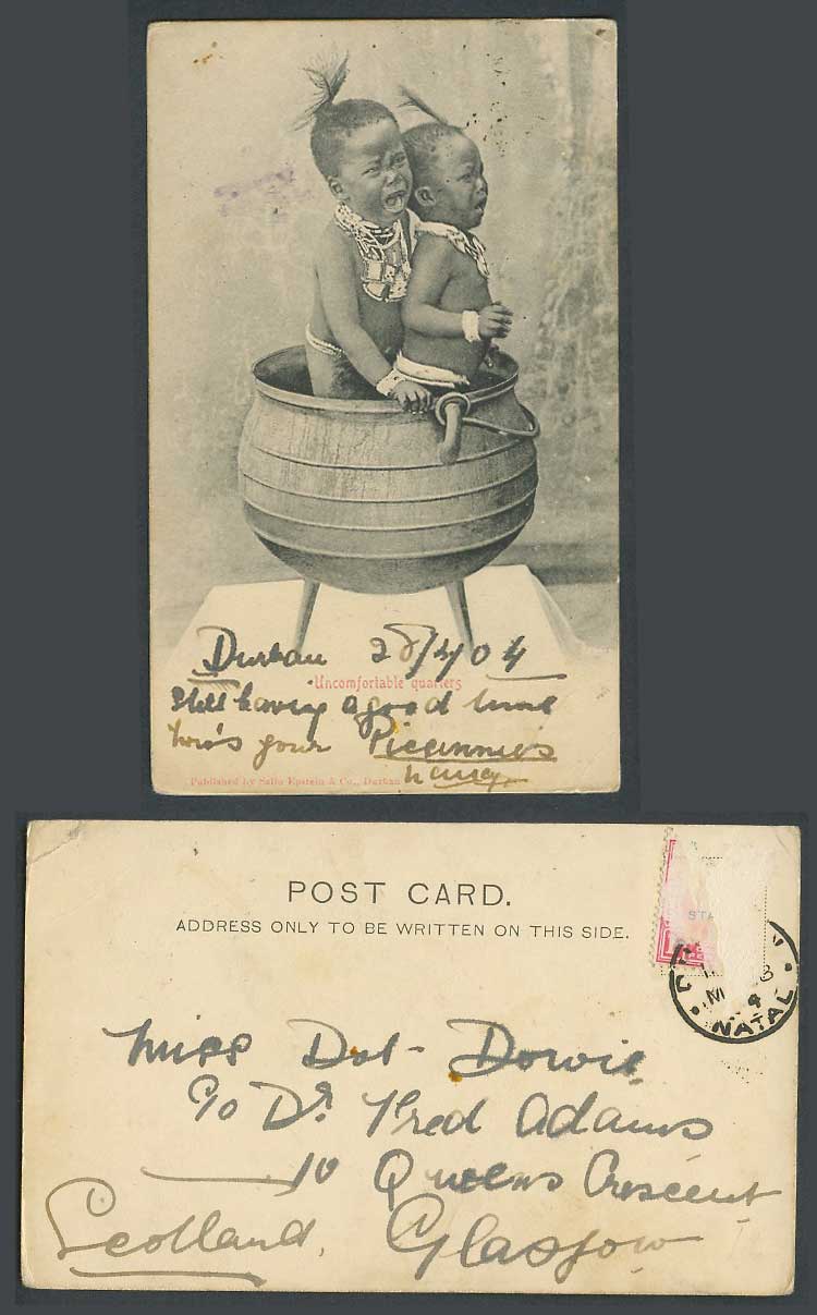 South Africa ZULU Black Children Girls, Uncomfortable Quarters 1904 Old Postcard