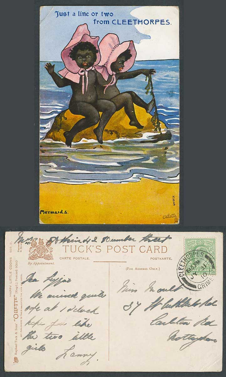 HDS Sandford, Black Girls Mermaids, Tuck's Oilette 1910 Old Postcard Cleethorpes