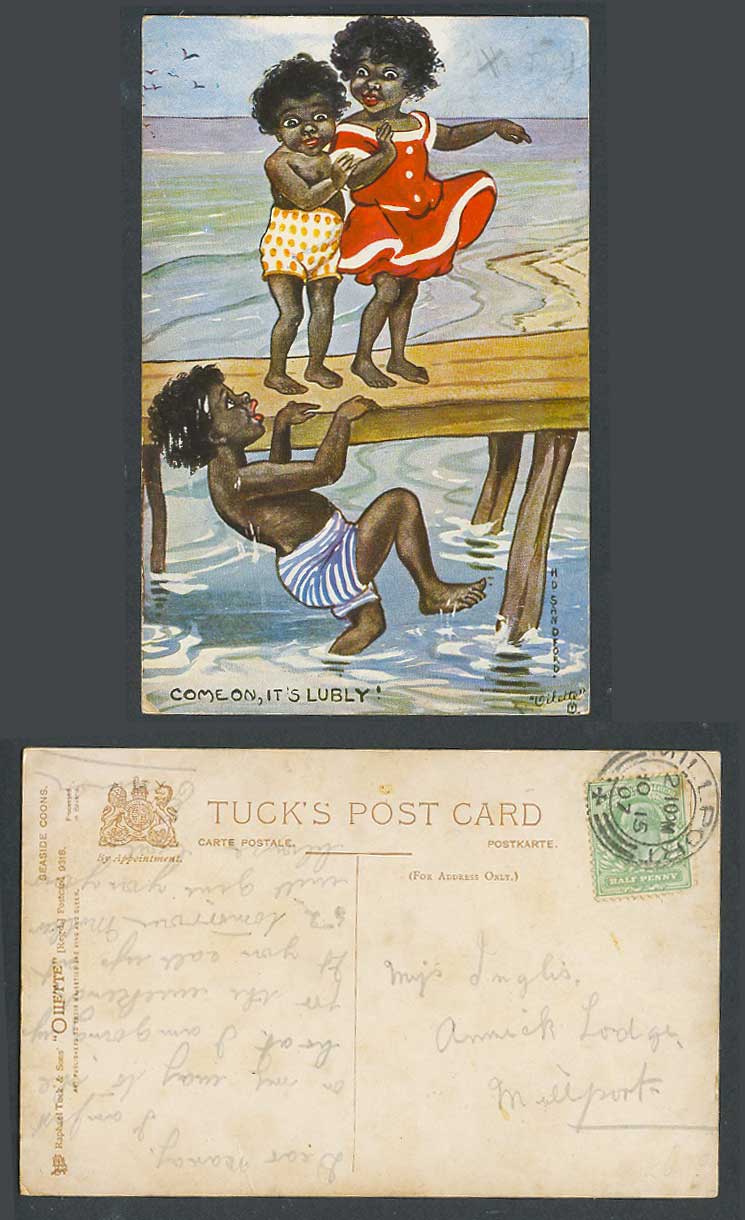 HD Sandford, Black Children Seaside Come on It's Lubly! Tuck's 1907 Old Postcard