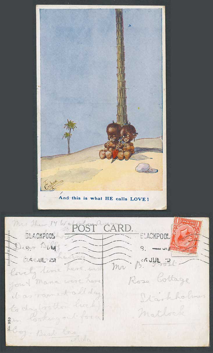 FG Lewin 1922 Old Postcard Black Boy Girl Romance And This is What HE Calls LOVE