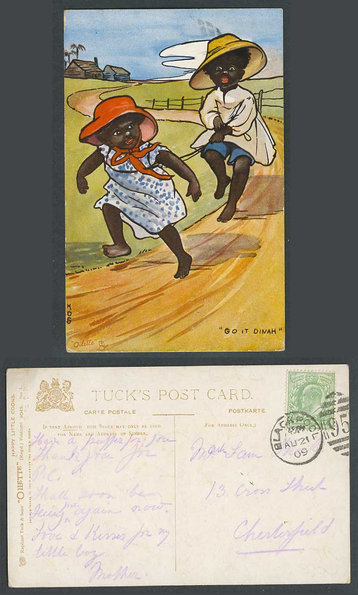 HDS Sandford Art Signed Black Girls Go it Dinah Tuck's Oilette 1909 Old Postcard