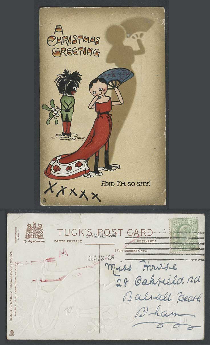 Black Boy, Glamour Lady I'm So Shy Fan Shadow 1910 Old Postcard Tuck's Christmas